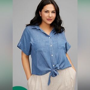 EUC Dex Blue Tie-Front Chambray Button-Up Shirt